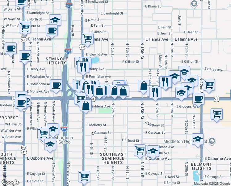 map of restaurants, bars, coffee shops, grocery stores, and more near 1225 East Comanche Avenue in Tampa