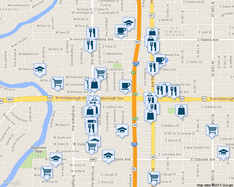 map of restaurants, bars, coffee shops, grocery stores, and more near 5508 North Seminole Avenue in Tampa