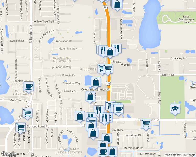 map of restaurants, bars, coffee shops, grocery stores, and more near 2582 Hidden Cove Lane in Clearwater