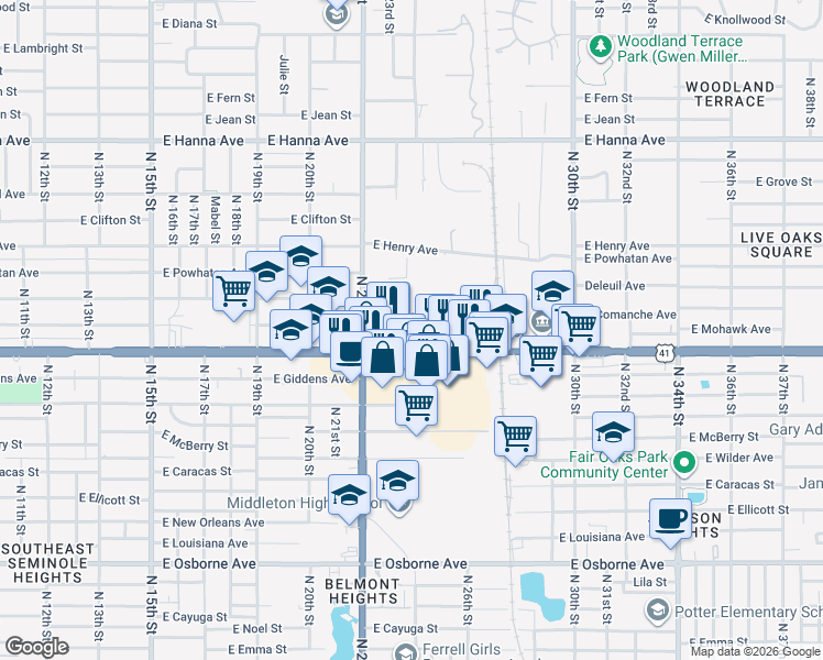 map of restaurants, bars, coffee shops, grocery stores, and more near 2302 East Hillsborough Avenue in Tampa