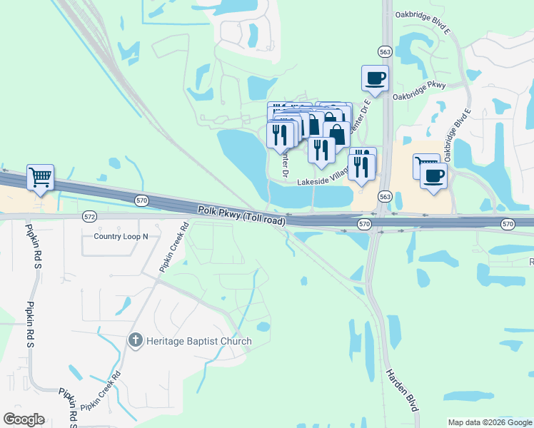 map of restaurants, bars, coffee shops, grocery stores, and more near 1998 Beaker Road in Lakeland