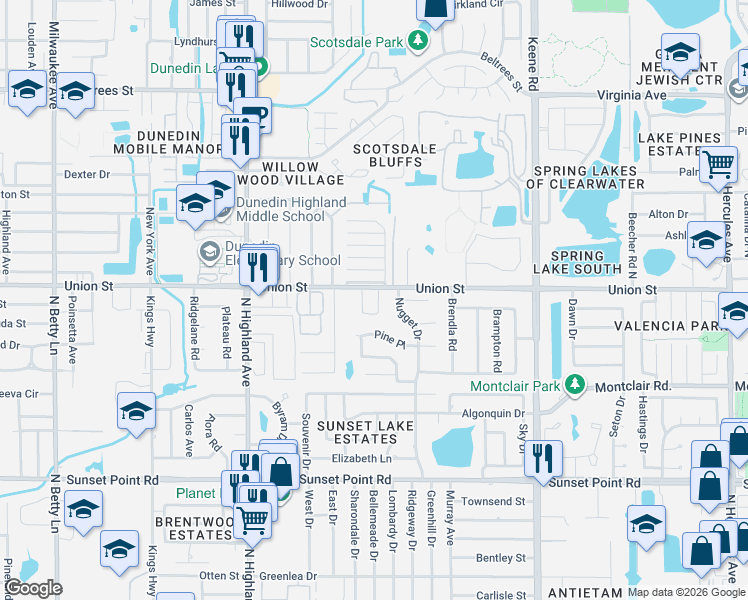 map of restaurants, bars, coffee shops, grocery stores, and more near 1018 Ibis Court in Dunedin