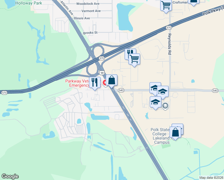 map of restaurants, bars, coffee shops, grocery stores, and more near County Road 540A in Lakeland