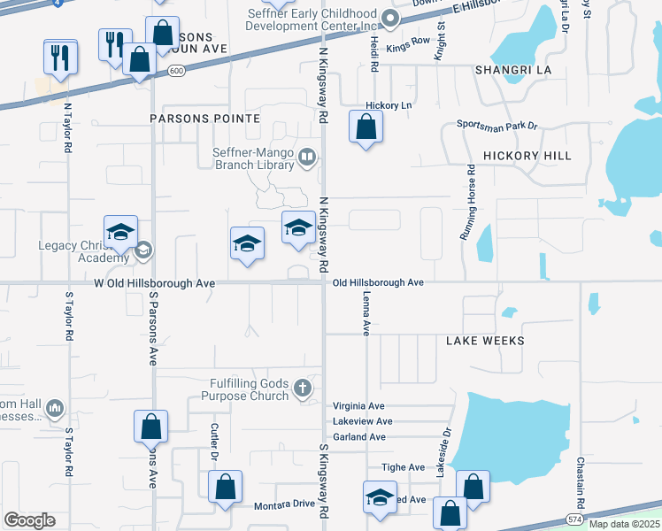 map of restaurants, bars, coffee shops, grocery stores, and more near 107 North Kingsway Road in Seffner