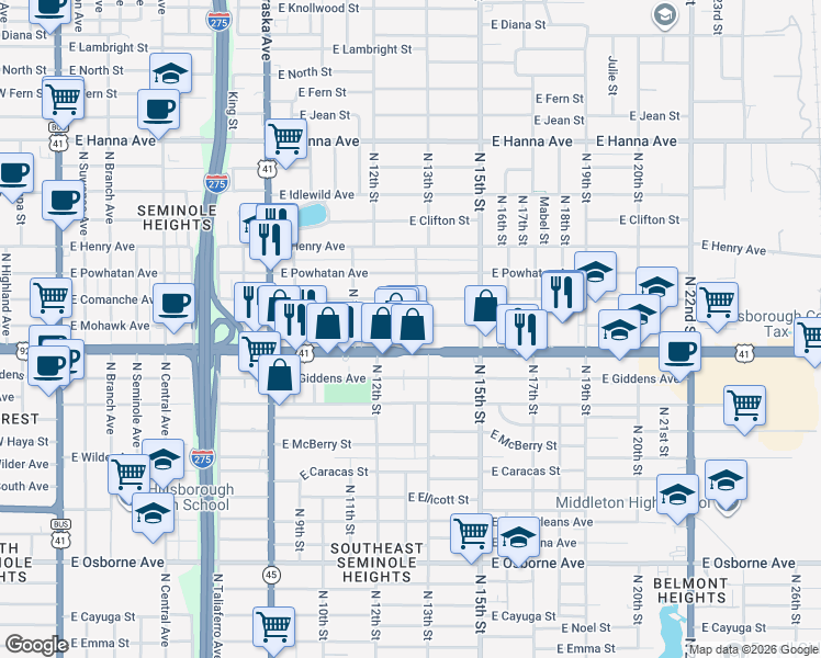 map of restaurants, bars, coffee shops, grocery stores, and more near 1227 East Mohawk Avenue in Tampa