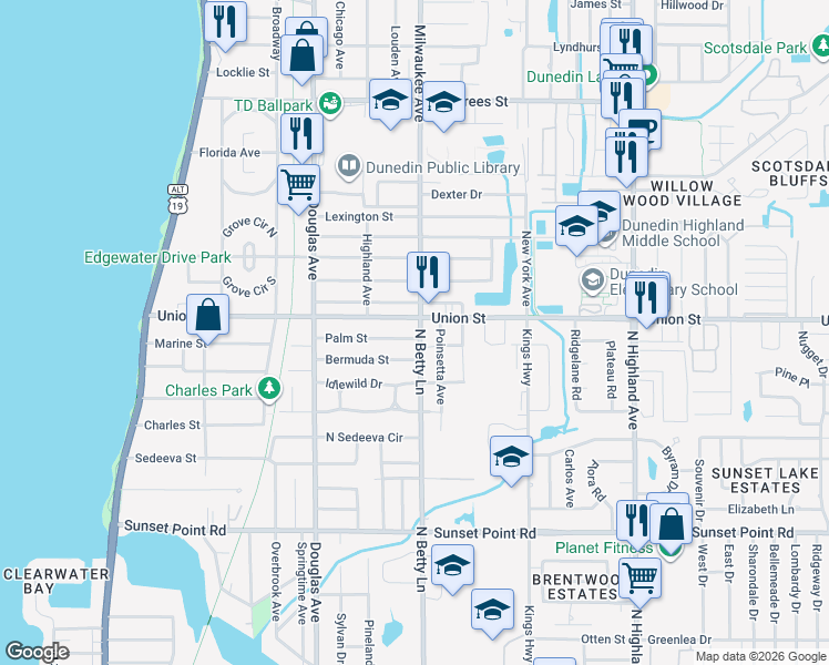 map of restaurants, bars, coffee shops, grocery stores, and more near in Dunedin