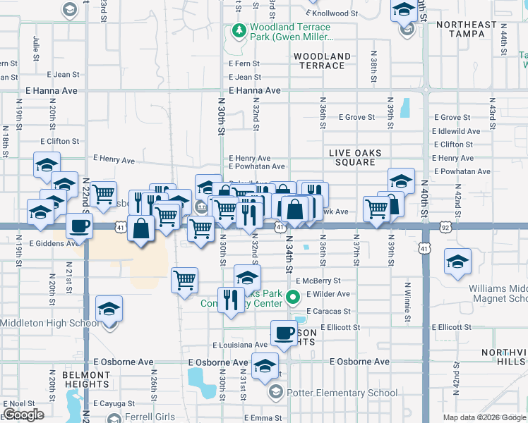 map of restaurants, bars, coffee shops, grocery stores, and more near 3204 East Mohawk Avenue in Tampa