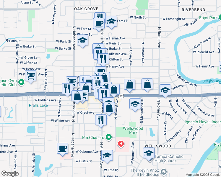 map of restaurants, bars, coffee shops, grocery stores, and more near 2333 West Hillsborough Avenue in Tampa