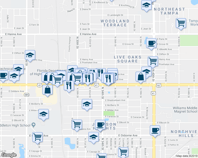 map of restaurants, bars, coffee shops, grocery stores, and more near 3302 East Comanche Avenue in Tampa