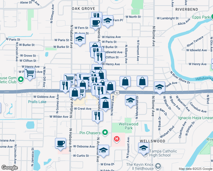 map of restaurants, bars, coffee shops, grocery stores, and more near 2309 West Comanche Avenue in Tampa