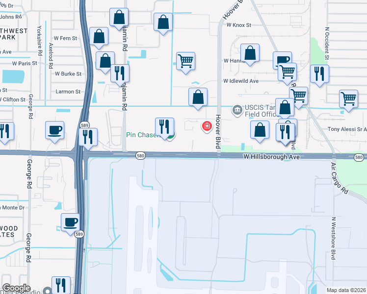 map of restaurants, bars, coffee shops, grocery stores, and more near 5519 W Hillsborough Ave in Tampa