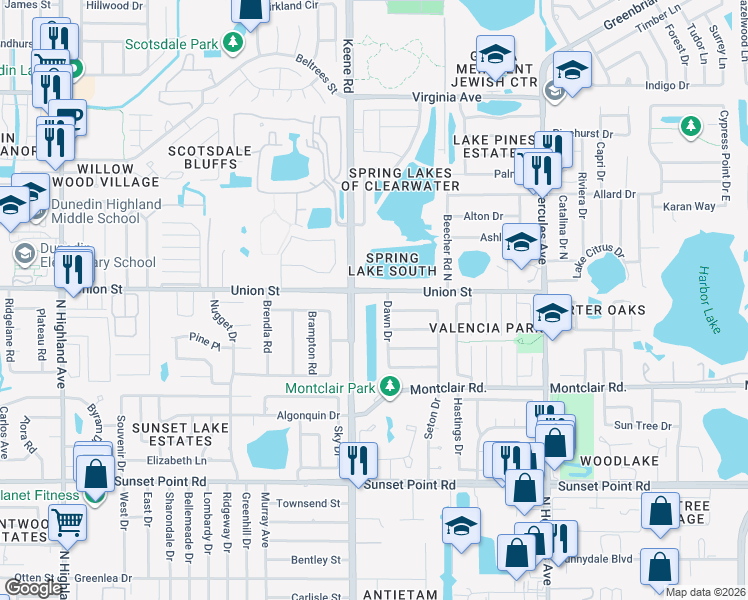 map of restaurants, bars, coffee shops, grocery stores, and more near 1806 Union Street in Clearwater