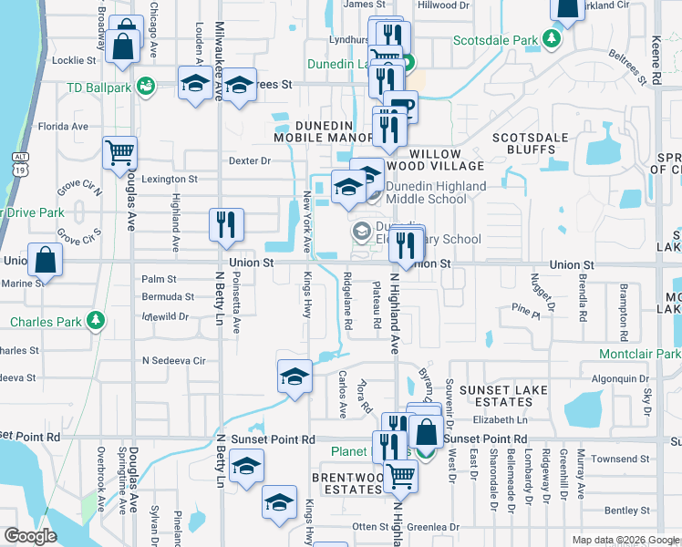 map of restaurants, bars, coffee shops, grocery stores, and more near 2089 Ridgelane Road in Clearwater