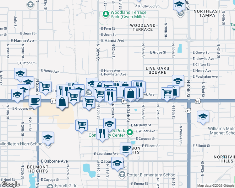 map of restaurants, bars, coffee shops, grocery stores, and more near 3302 East Comanche Avenue in Tampa