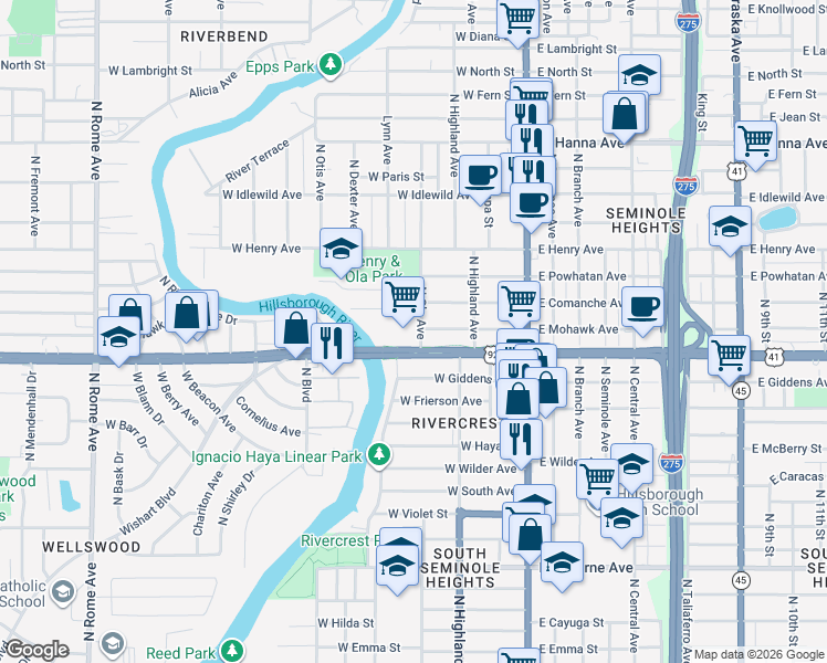map of restaurants, bars, coffee shops, grocery stores, and more near 306 West Comanche Avenue in Tampa