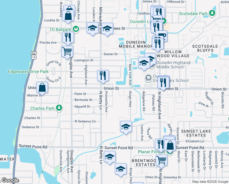 map of restaurants, bars, coffee shops, grocery stores, and more near 656 Union Street in Dunedin