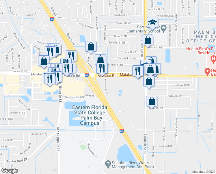 map of restaurants, bars, coffee shops, grocery stores, and more near 1202 Malabar Road in Palm Bay