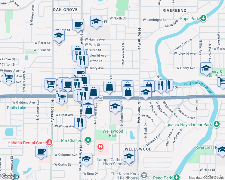 map of restaurants, bars, coffee shops, grocery stores, and more near 5506 North Albany Avenue in Tampa