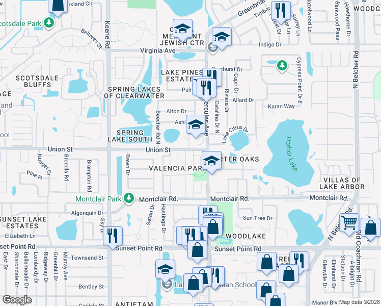 map of restaurants, bars, coffee shops, grocery stores, and more near 2090 Santiago Way North in Clearwater