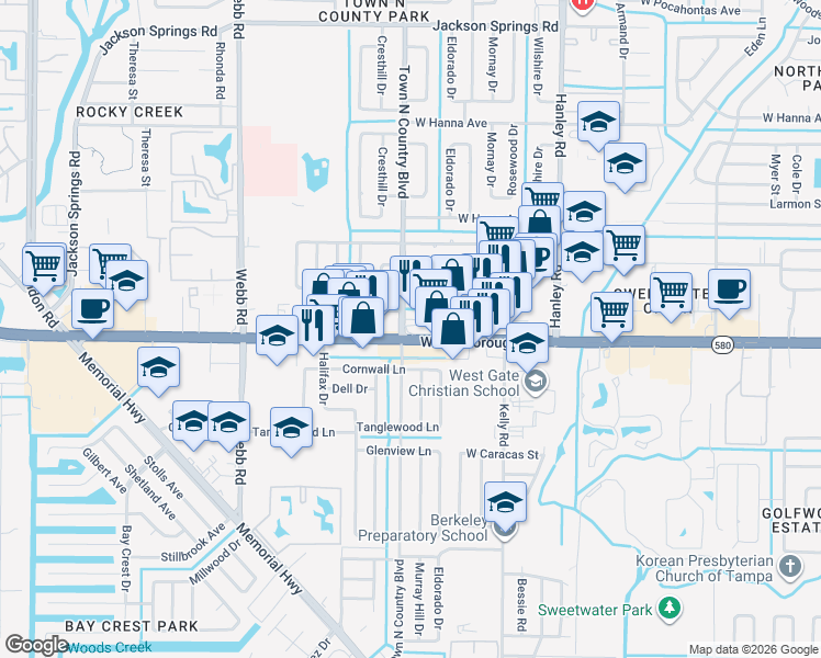 map of restaurants, bars, coffee shops, grocery stores, and more near 5416 Town N Country Boulevard in Tampa