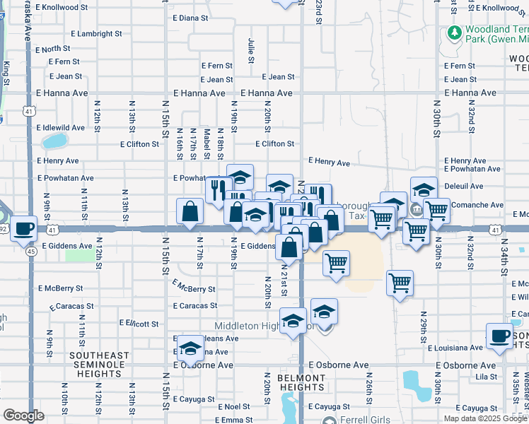 map of restaurants, bars, coffee shops, grocery stores, and more near 1690 East Mohawk Avenue in Tampa