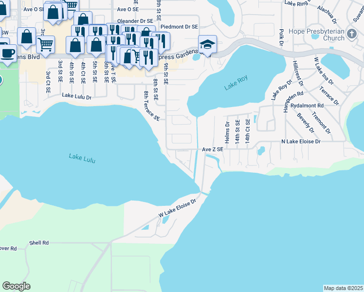 map of restaurants, bars, coffee shops, grocery stores, and more near 192 Waterside Circle in Winter Haven