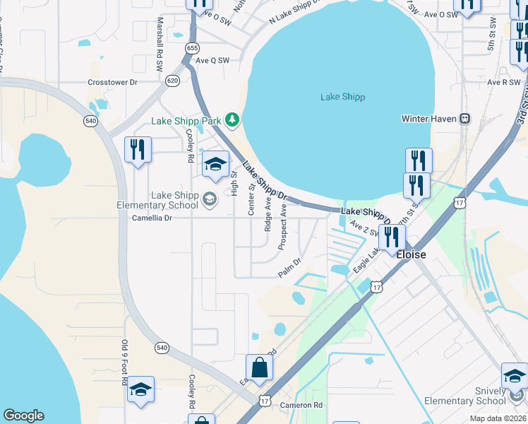map of restaurants, bars, coffee shops, grocery stores, and more near 80 Ridge Avenue in Winter Haven