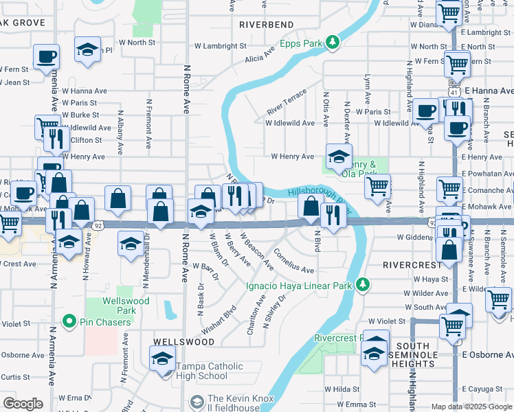 map of restaurants, bars, coffee shops, grocery stores, and more near 5460 North River Shore Drive in Tampa