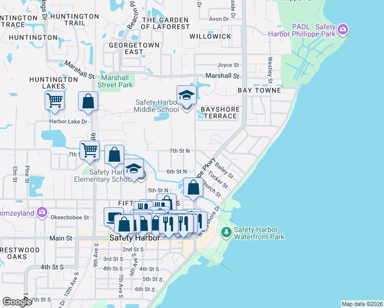 map of restaurants, bars, coffee shops, grocery stores, and more near 210 7th Street North in Safety Harbor