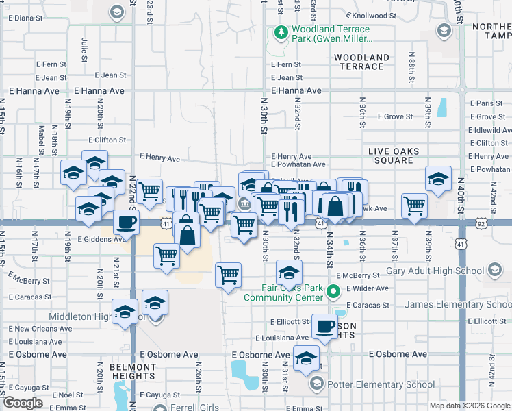 map of restaurants, bars, coffee shops, grocery stores, and more near 5601 North 30th Street in Tampa