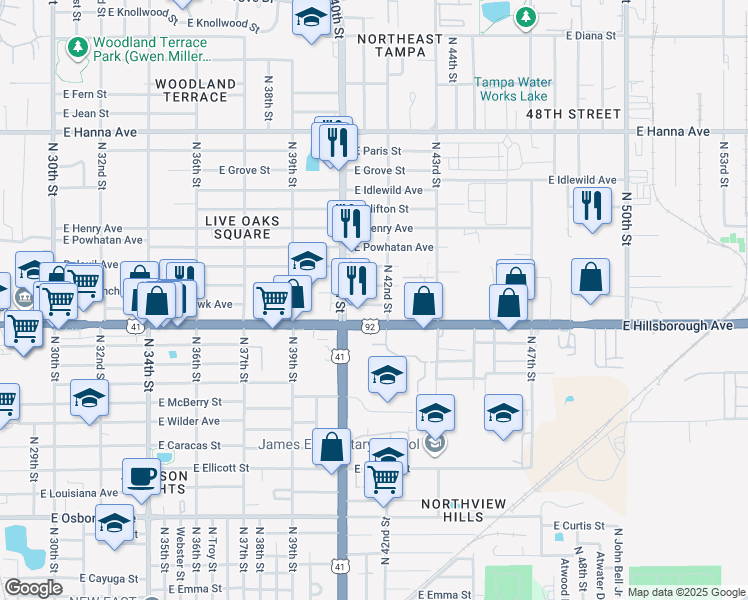 map of restaurants, bars, coffee shops, grocery stores, and more near 4016 East Mohawk Avenue in Tampa