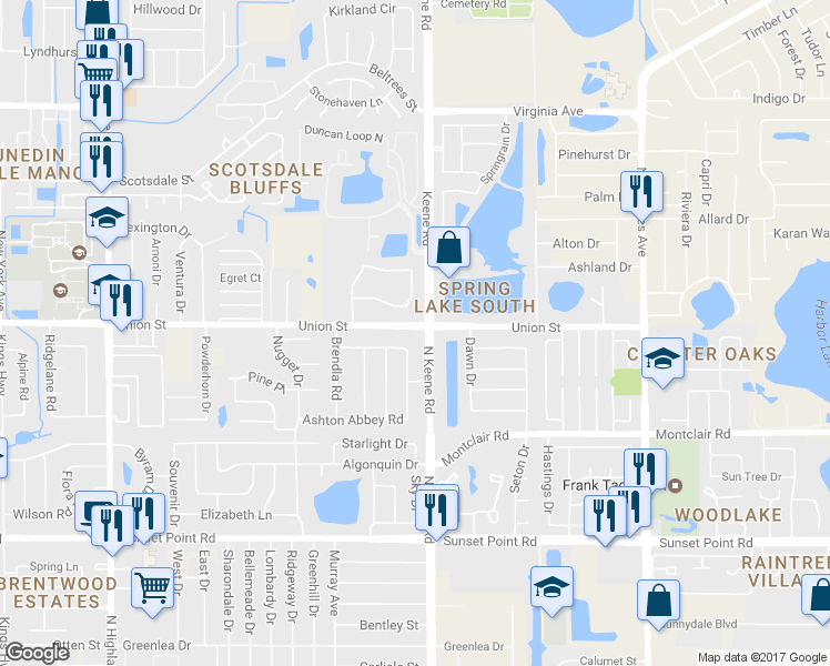 map of restaurants, bars, coffee shops, grocery stores, and more near 1465 Oakhill Drive in Dunedin