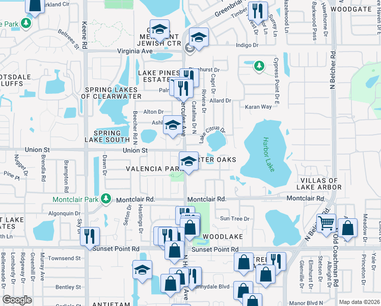 map of restaurants, bars, coffee shops, grocery stores, and more near 2076 Butternut Circle West in Clearwater