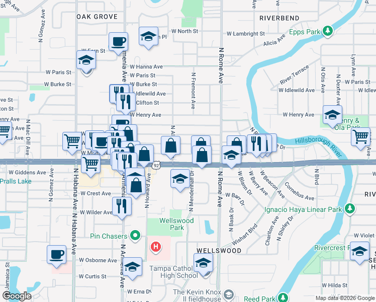map of restaurants, bars, coffee shops, grocery stores, and more near 1907 West Mohawk Avenue in Tampa