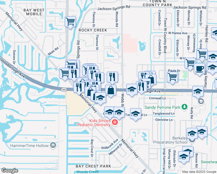 map of restaurants, bars, coffee shops, grocery stores, and more near 8315 West Hillsborough Avenue in Town 'n' Country
