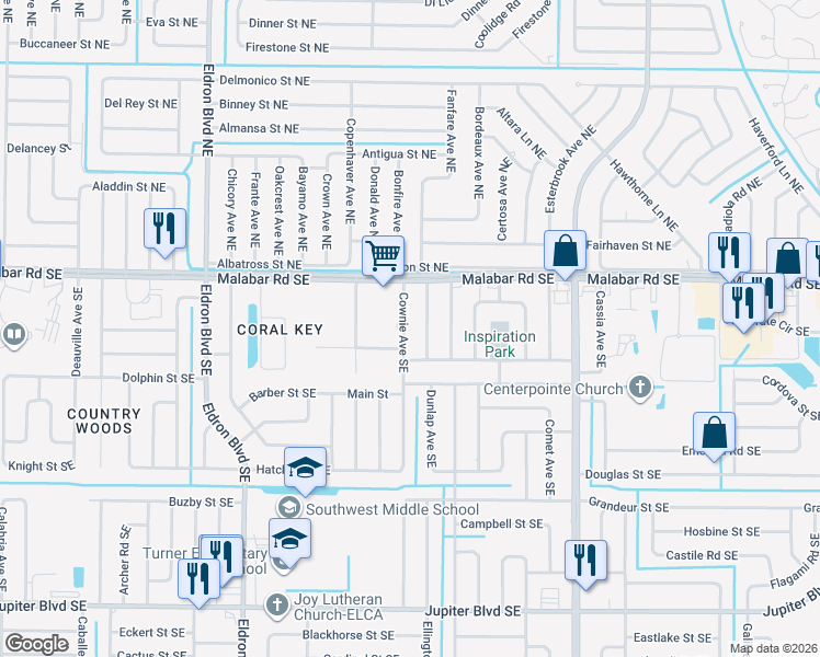 map of restaurants, bars, coffee shops, grocery stores, and more near 163 Cownie Avenue Southeast in Palm Bay