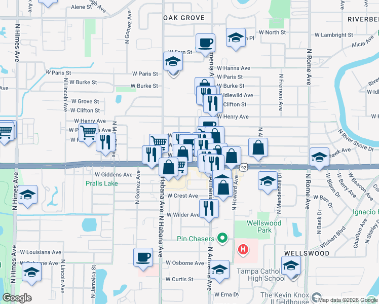 map of restaurants, bars, coffee shops, grocery stores, and more near 2610 West Comanche Avenue in Tampa