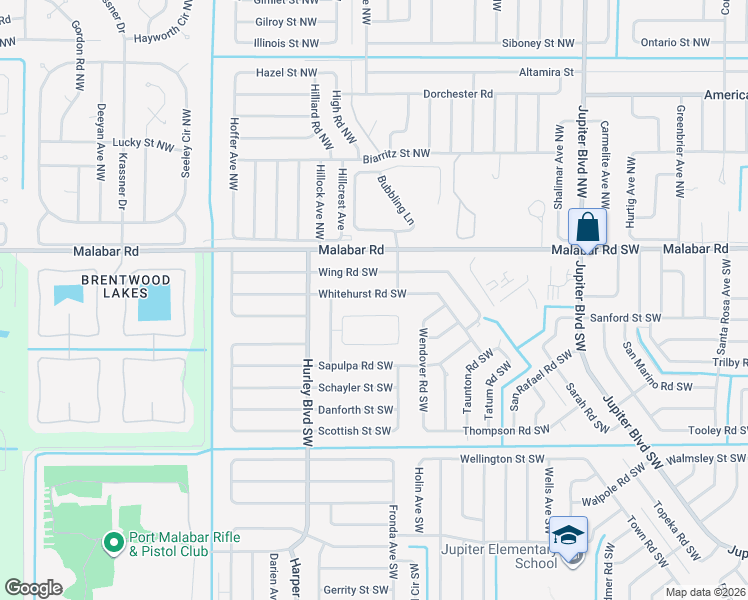 map of restaurants, bars, coffee shops, grocery stores, and more near 1208 Whitehurst Rd SW in Palm Bay