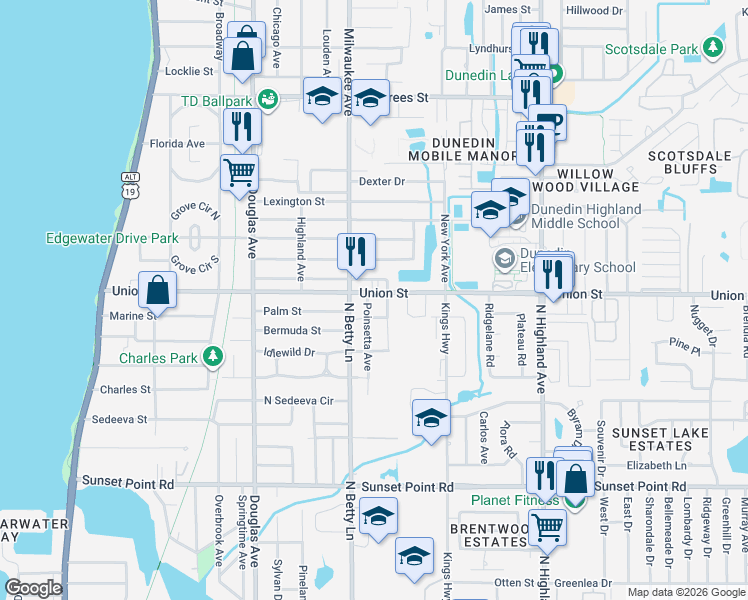 map of restaurants, bars, coffee shops, grocery stores, and more near 654 Union Street in Dunedin
