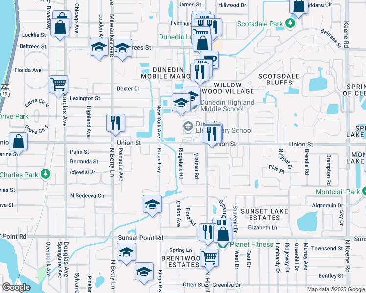 map of restaurants, bars, coffee shops, grocery stores, and more near 2089 Ridgelane Road in Clearwater