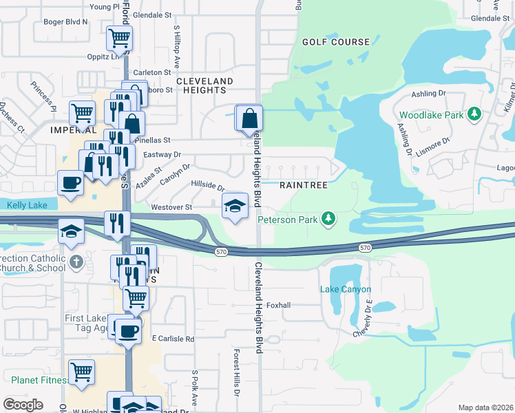map of restaurants, bars, coffee shops, grocery stores, and more near 1168 Westover Street in Lakeland