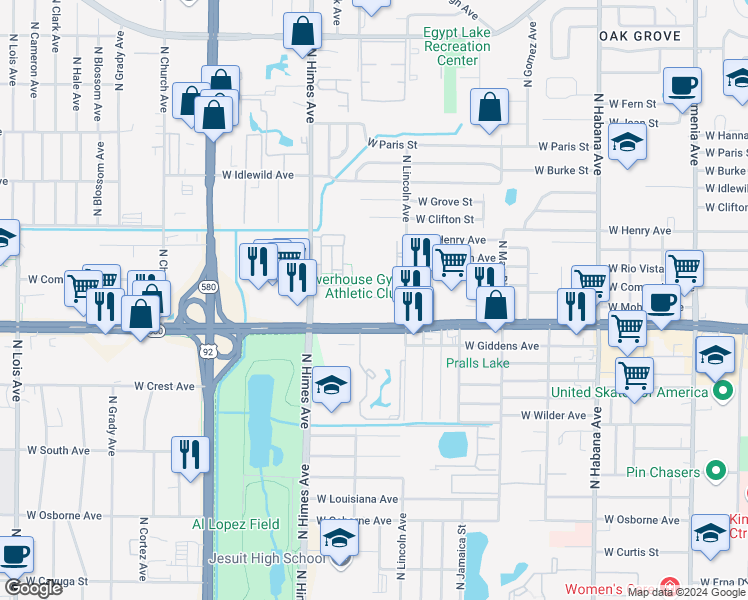 map of restaurants, bars, coffee shops, grocery stores, and more near 3413 West Hillsborough Avenue in Tampa