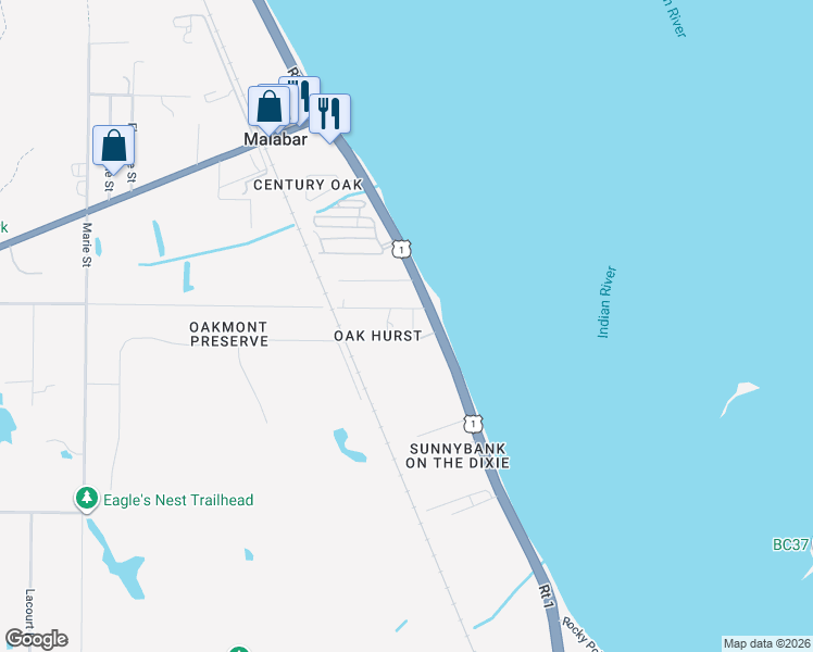 map of restaurants, bars, coffee shops, grocery stores, and more near 1710 Crescent Road in Malabar