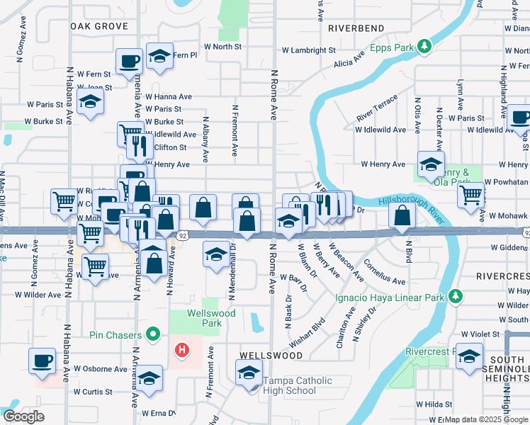 map of restaurants, bars, coffee shops, grocery stores, and more near 5509 North Rome Avenue in Tampa