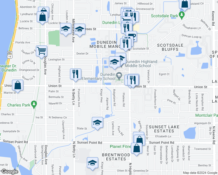 map of restaurants, bars, coffee shops, grocery stores, and more near 1419 Union Street in Clearwater