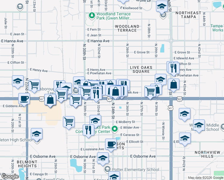 map of restaurants, bars, coffee shops, grocery stores, and more near 3405 East Comanche Avenue in Tampa