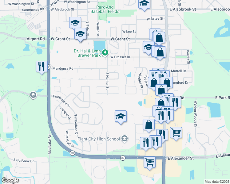 map of restaurants, bars, coffee shops, grocery stores, and more near 709 West Russell Drive in Plant City