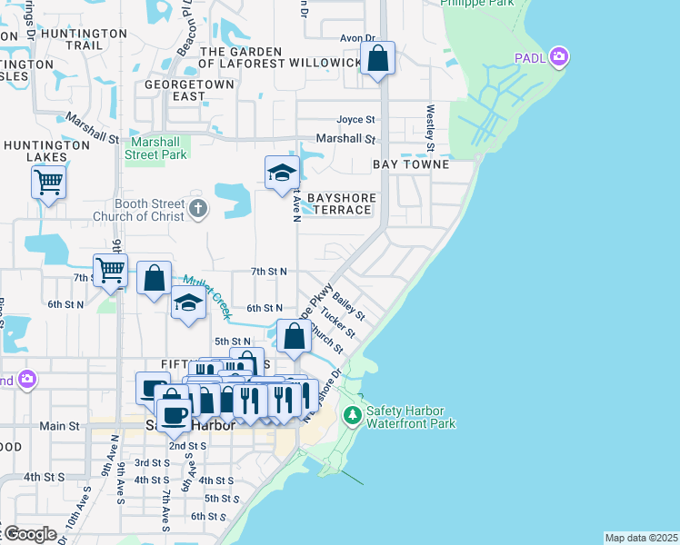 map of restaurants, bars, coffee shops, grocery stores, and more near 126 Hillsborough Street in Safety Harbor