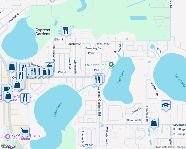 map of restaurants, bars, coffee shops, grocery stores, and more near 104 Poe Drive in Winter Haven