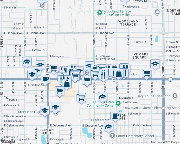 map of restaurants, bars, coffee shops, grocery stores, and more near 5601 North 30th Street in Tampa